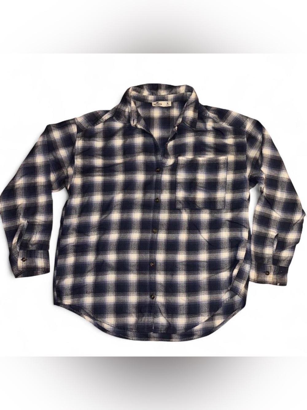 Hollister Men's M Reg Blue/White Plaid Cotton Flannel Long Sleeve Button-Up